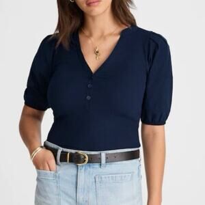 Madewell Puff Sleeve Henley Knit Top Midnight Navy Blue Size Medium NWT